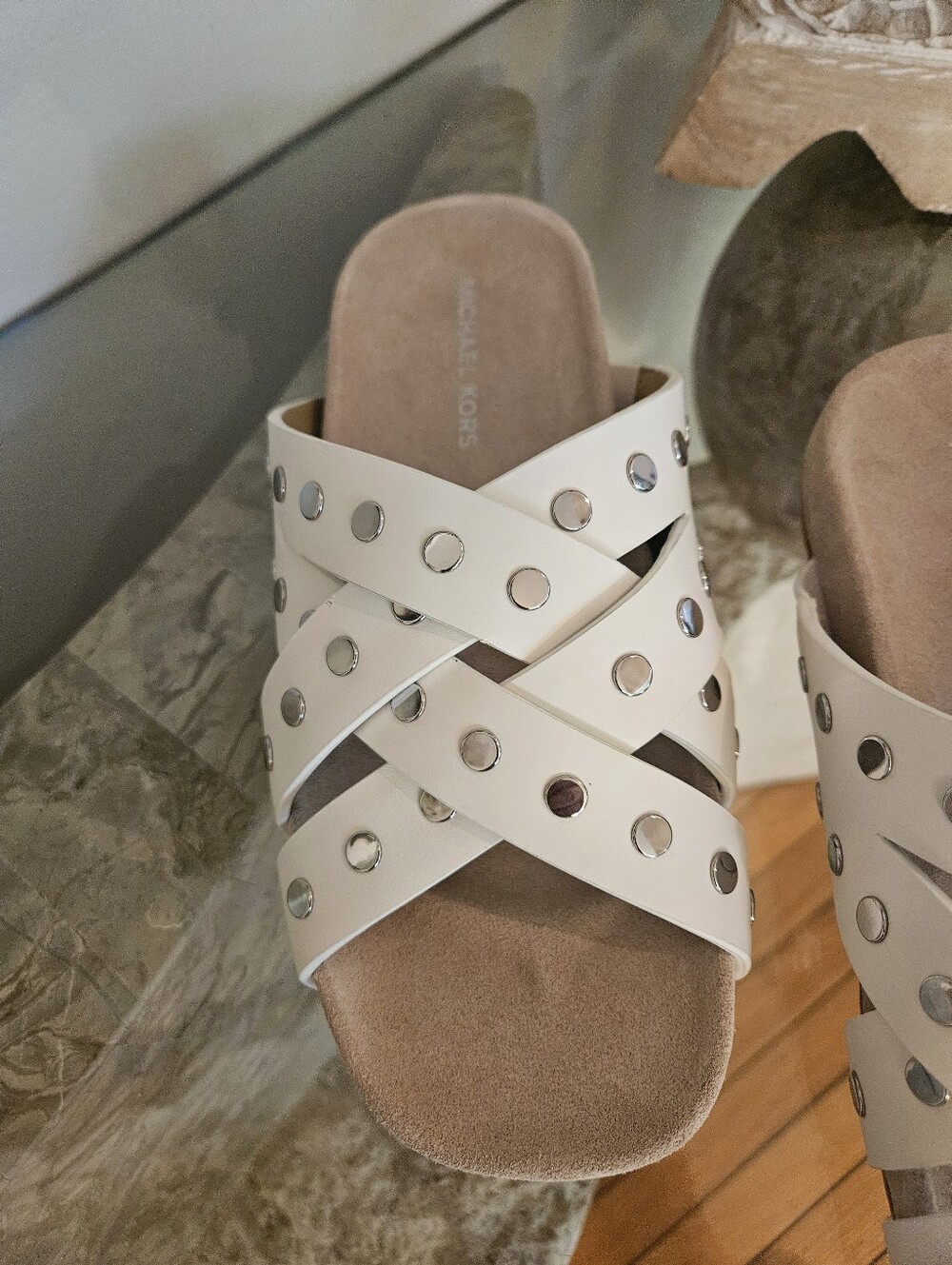 NWT Michael Kors Ivory Crisscross Stud Slide Sandals - Picture 7 of 9